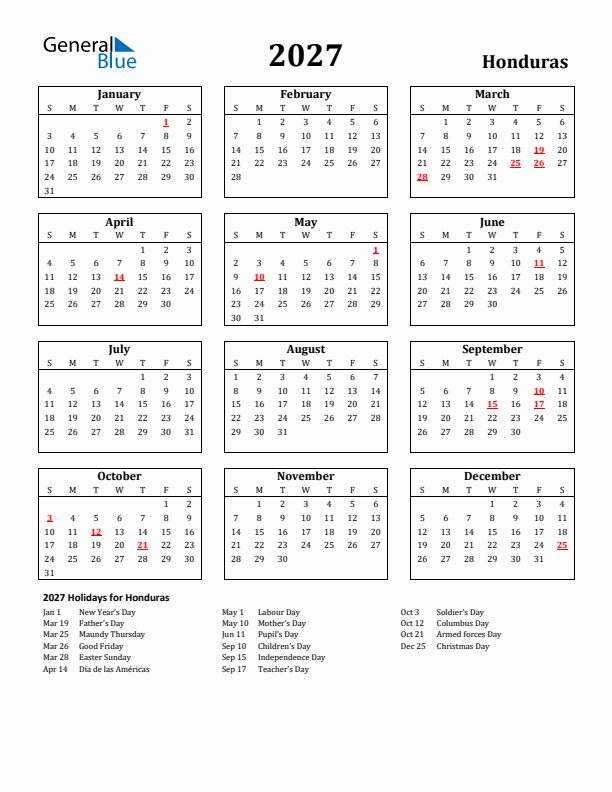 2027 Honduras Holiday Calendar - Sunday Start