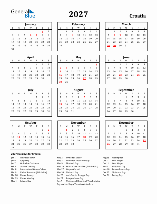 2027 Croatia Holiday Calendar - Sunday Start