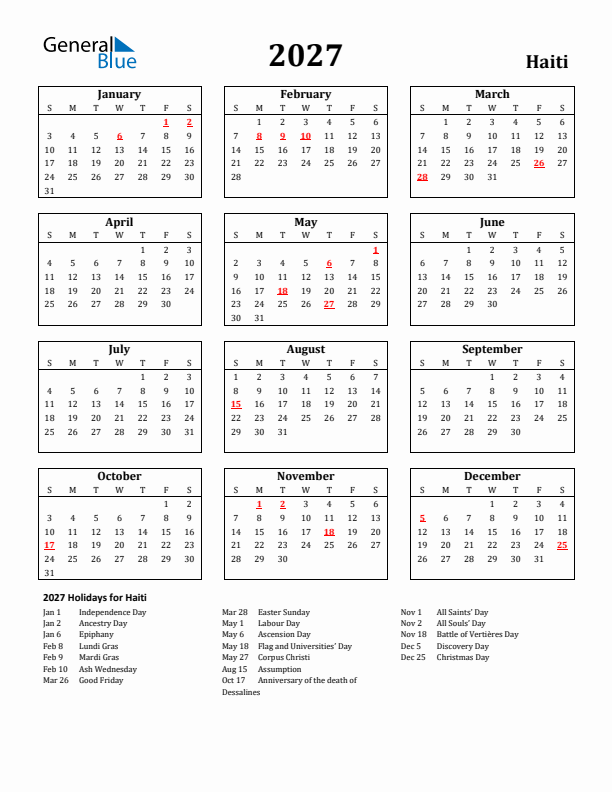 2027 Haiti Holiday Calendar - Sunday Start