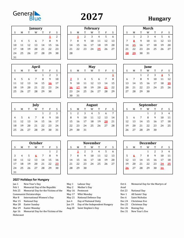 2027 Hungary Holiday Calendar - Sunday Start