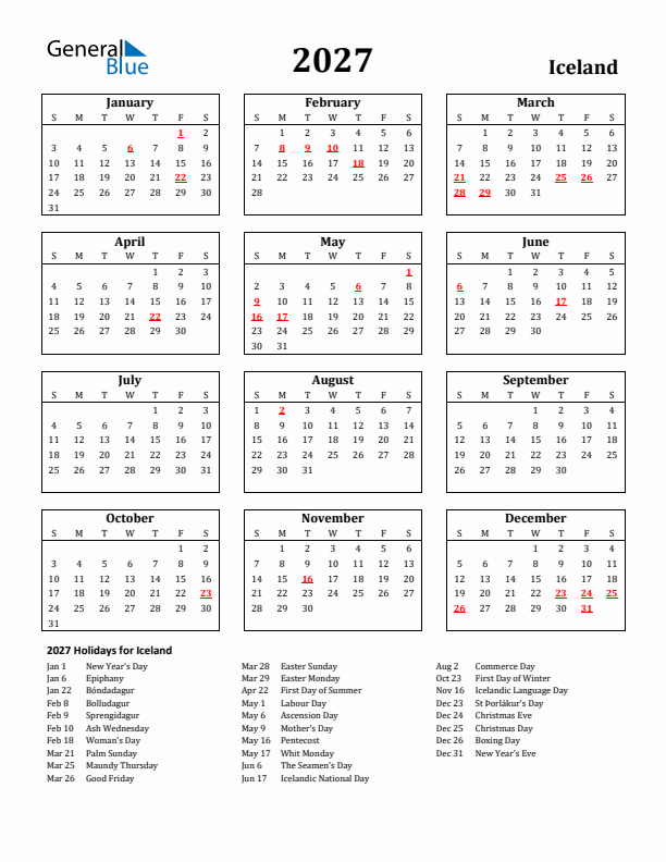 2027 Iceland Holiday Calendar - Sunday Start
