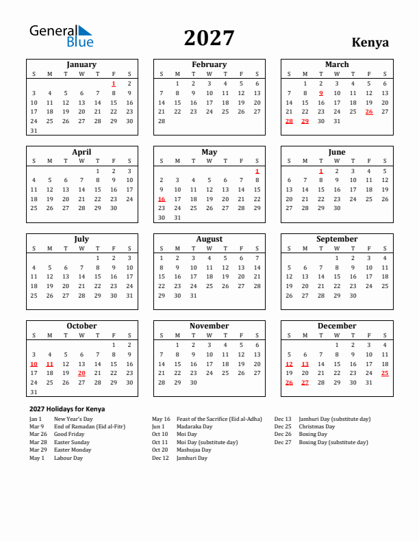 2027 Kenya Holiday Calendar - Sunday Start
