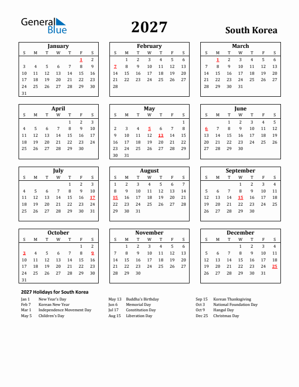 2027 South Korea Holiday Calendar - Sunday Start