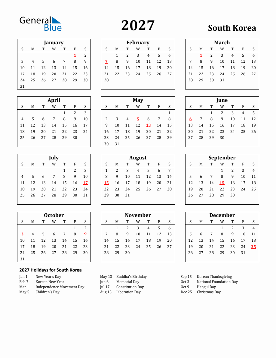 Free Printable 2027 South Korea Holiday Calendar