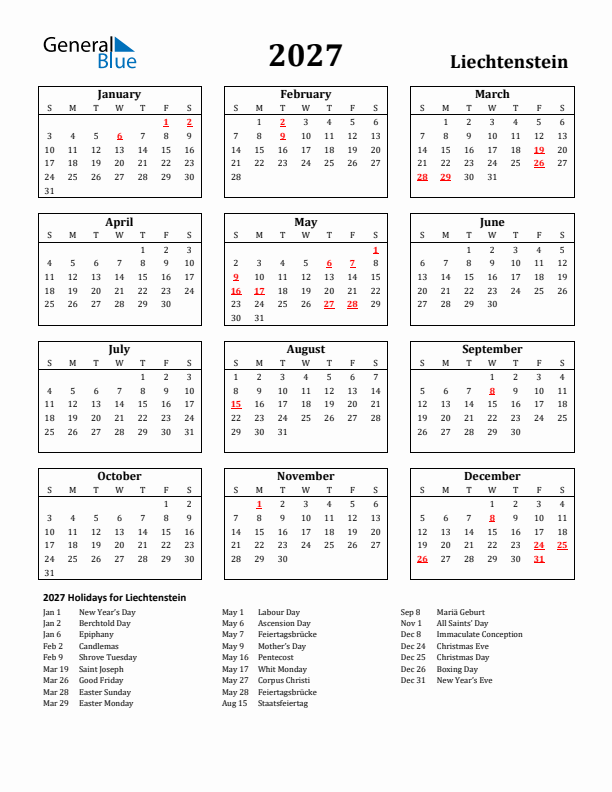 2027 Liechtenstein Holiday Calendar - Sunday Start