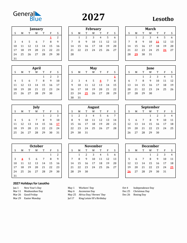 2027 Lesotho Holiday Calendar - Sunday Start