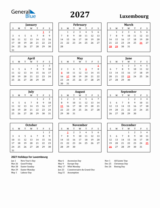 2027 Luxembourg Holiday Calendar - Sunday Start