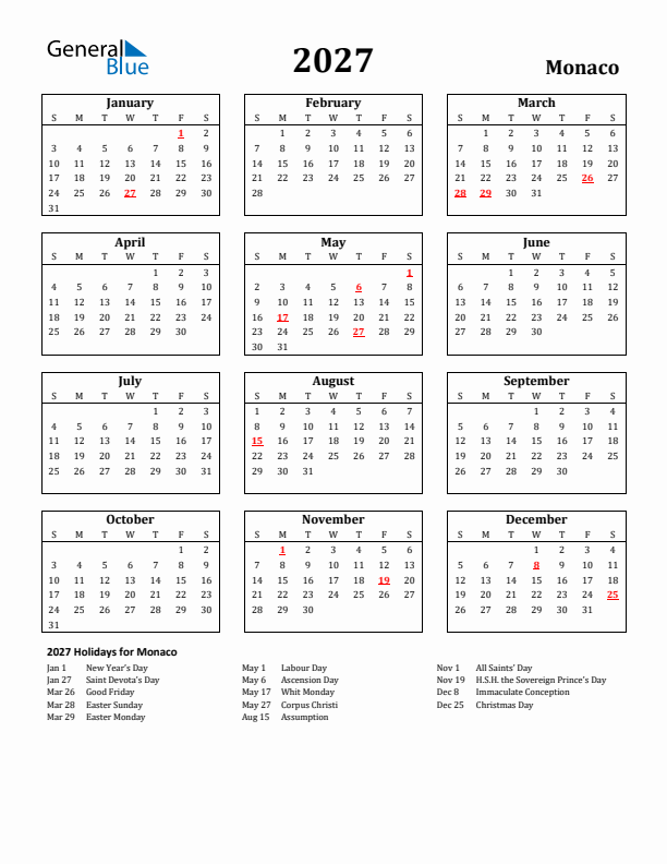 2027 Monaco Holiday Calendar - Sunday Start
