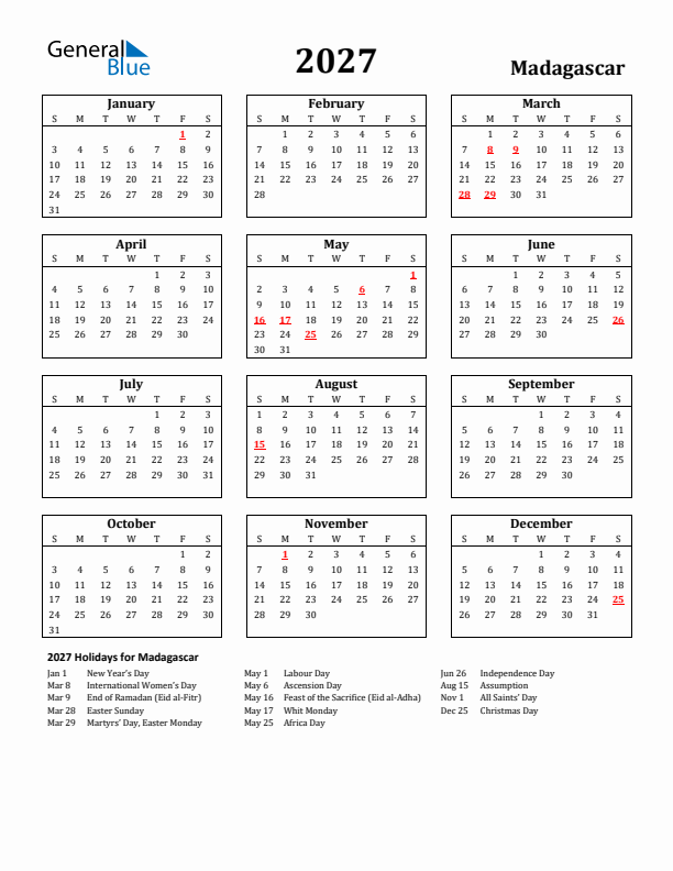 2027 Madagascar Holiday Calendar - Sunday Start