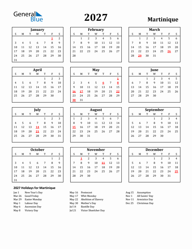 2027 Martinique Holiday Calendar - Sunday Start