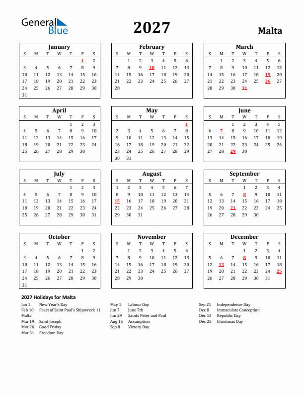 2027 Malta Holiday Calendar - Sunday Start