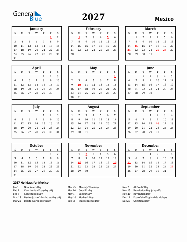2027 Mexico Holiday Calendar - Sunday Start