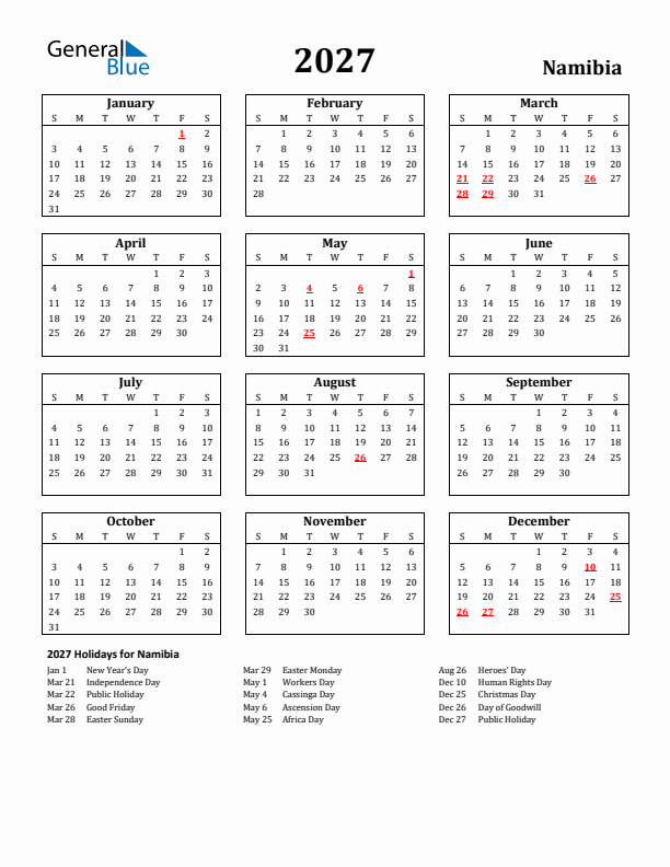 2027 Namibia Holiday Calendar - Sunday Start