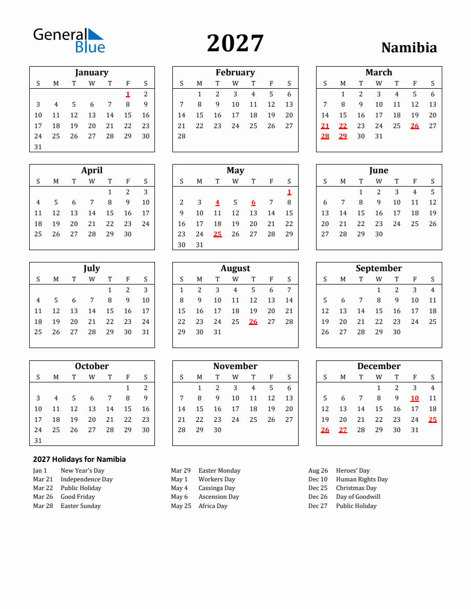 Free Printable 2027 Namibia Holiday Calendar