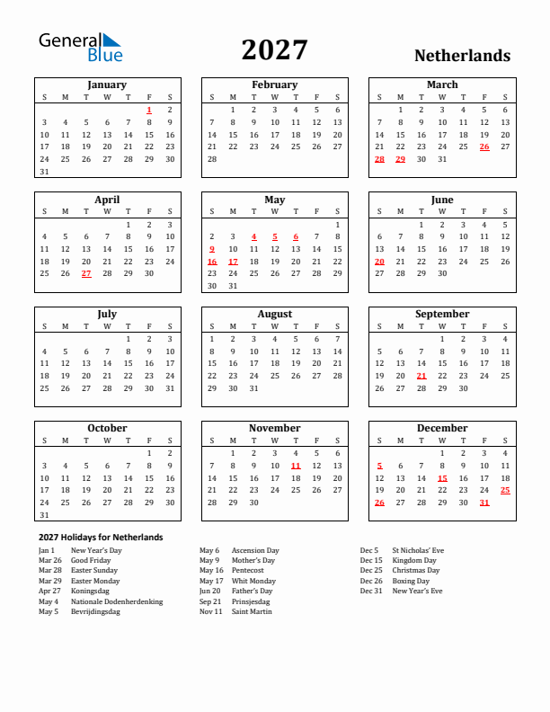 2027 The Netherlands Holiday Calendar - Sunday Start