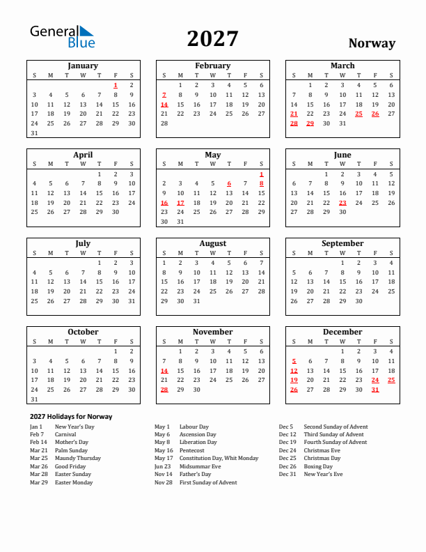 2027 Norway Holiday Calendar - Sunday Start