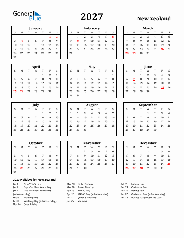 2027 New Zealand Holiday Calendar - Sunday Start