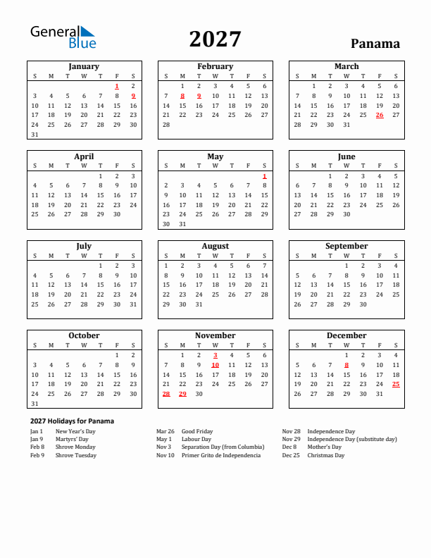 2027 Panama Holiday Calendar - Sunday Start