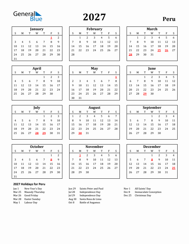 2027 Peru Holiday Calendar - Sunday Start