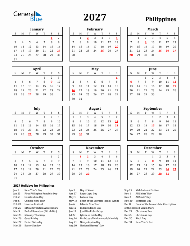 2027 Philippines Holiday Calendar - Sunday Start