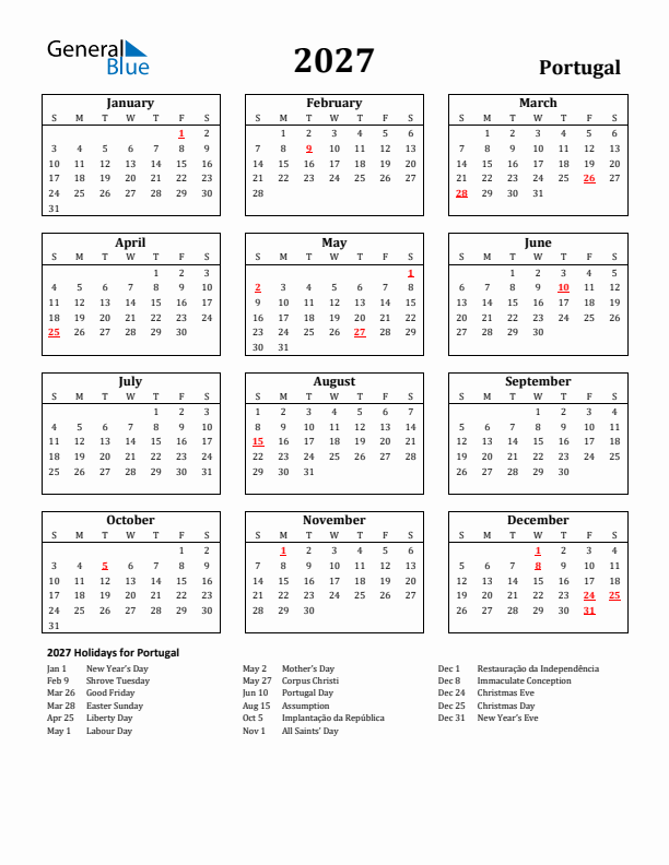 2027 Portugal Holiday Calendar - Sunday Start