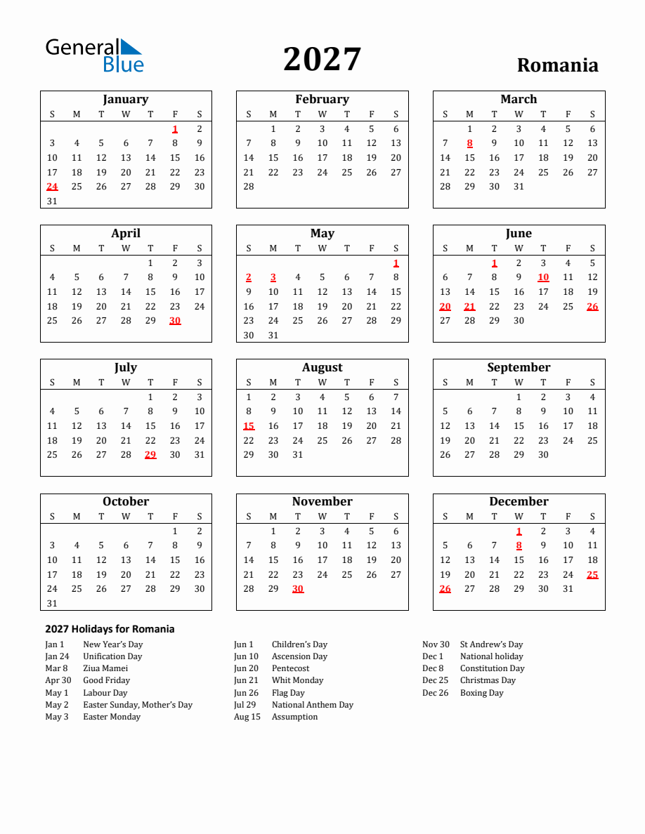 Free Printable 2027 Romania Holiday Calendar