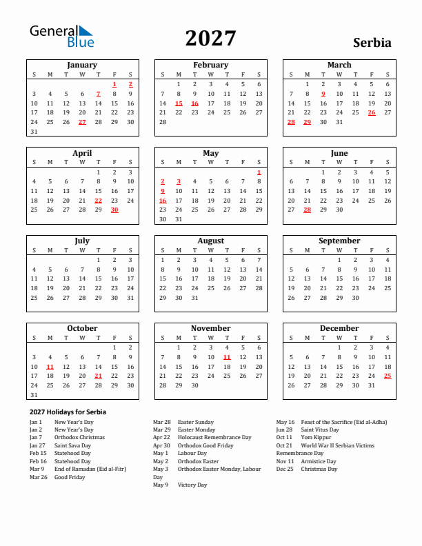 2027 Serbia Holiday Calendar - Sunday Start