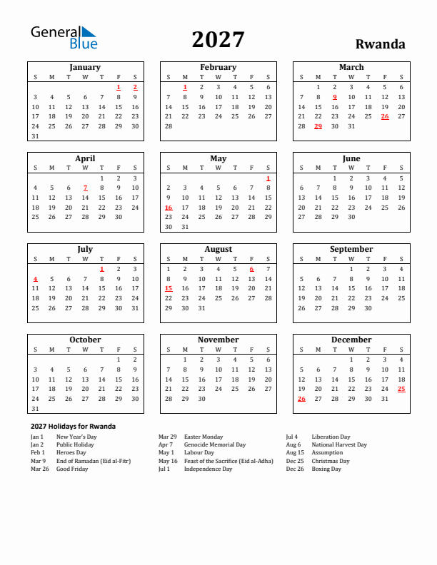 2027 Rwanda Holiday Calendar - Sunday Start
