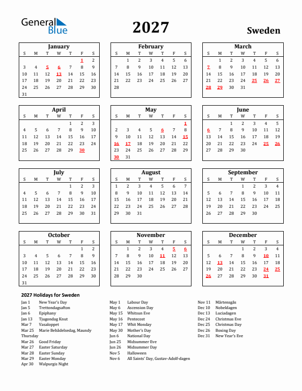 2027 Sweden Holiday Calendar - Sunday Start