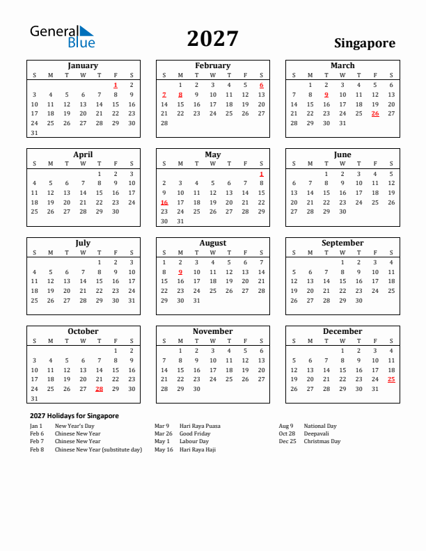 2027 Singapore Holiday Calendar - Sunday Start