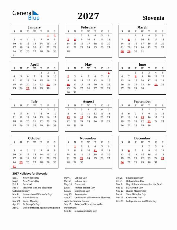 2027 Slovenia Holiday Calendar - Sunday Start