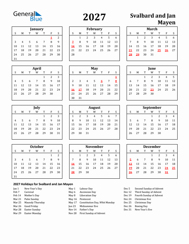 2027 Svalbard and Jan Mayen Holiday Calendar - Sunday Start