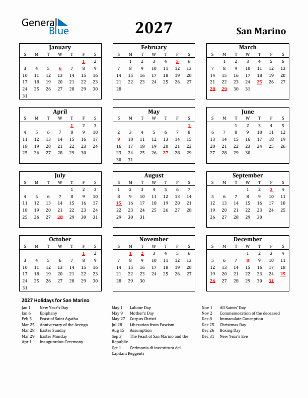 2027 San Marino Holiday Calendar - Sunday Start