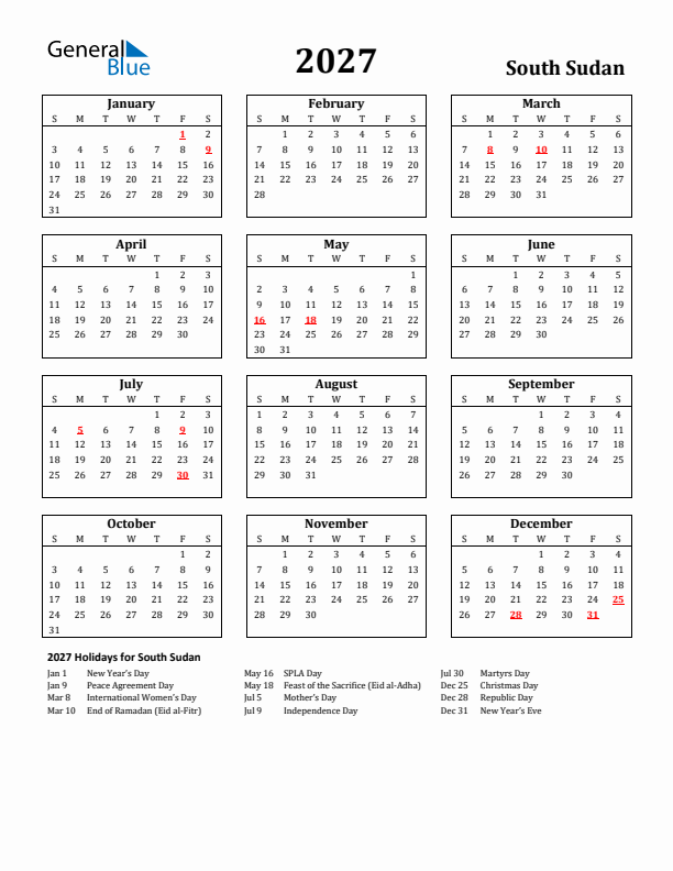 2027 South Sudan Holiday Calendar - Sunday Start