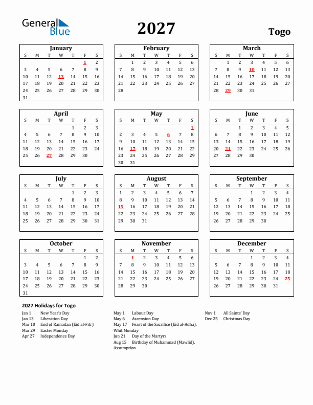 2027 Togo Holiday Calendar - Sunday Start