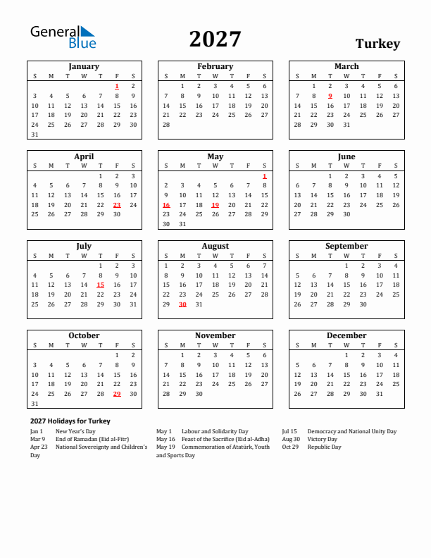 2027 Turkey Holiday Calendar - Sunday Start