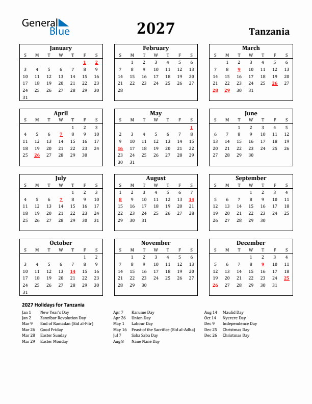 2027 Tanzania Holiday Calendar - Sunday Start