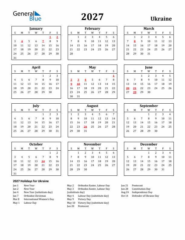 2027 Ukraine Holiday Calendar - Sunday Start