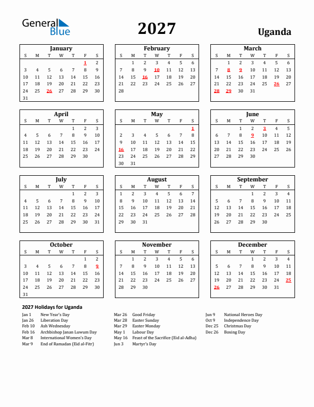 2027 Uganda Holiday Calendar - Sunday Start