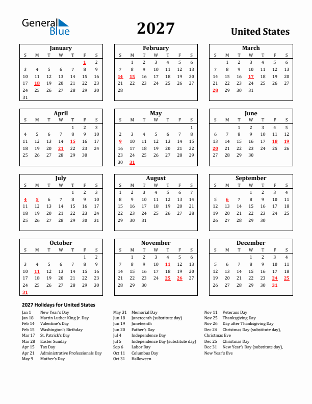 2027 United States Holiday Calendar - Sunday Start