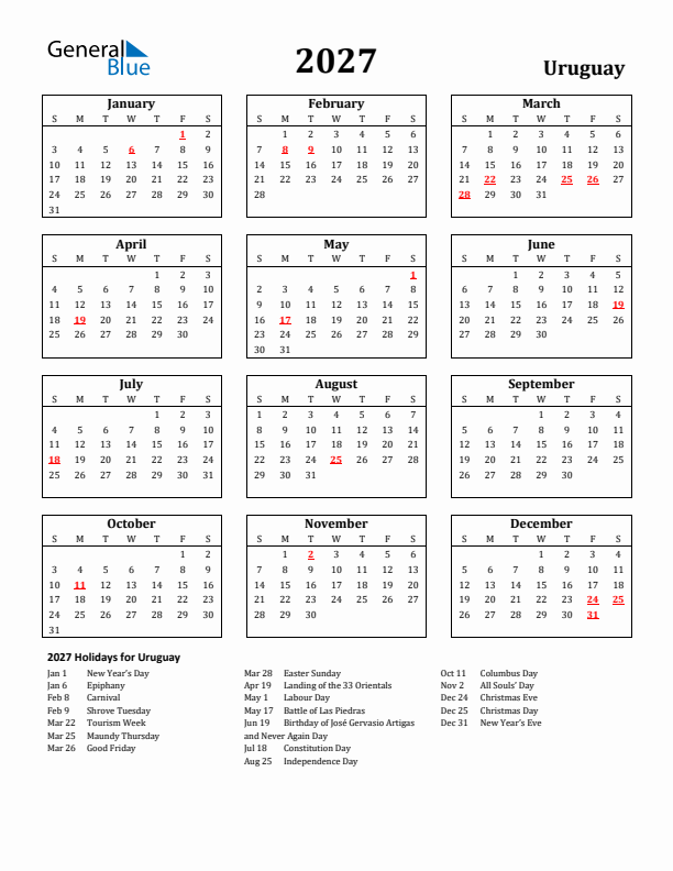 2027 Uruguay Holiday Calendar - Sunday Start