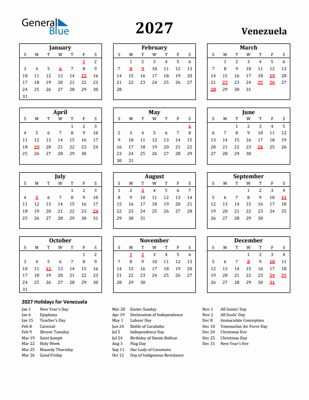 2027 Venezuela Holiday Calendar - Sunday Start