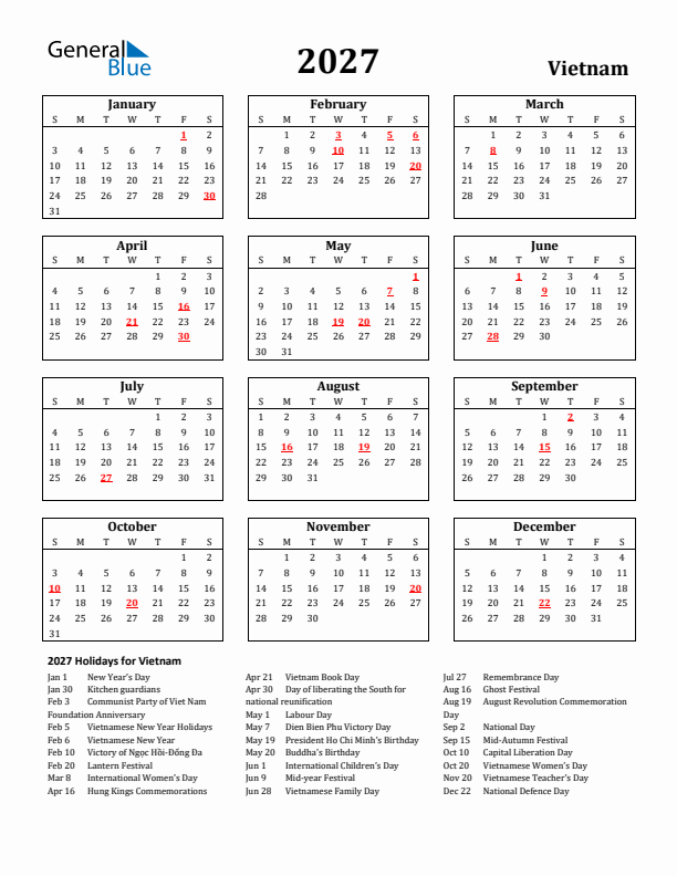 2027 Vietnam Holiday Calendar - Sunday Start