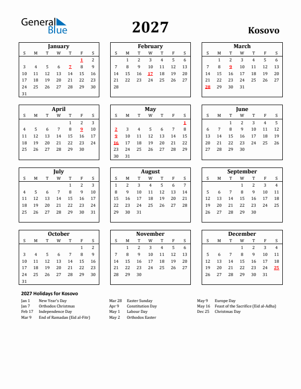 2027 Kosovo Holiday Calendar - Sunday Start