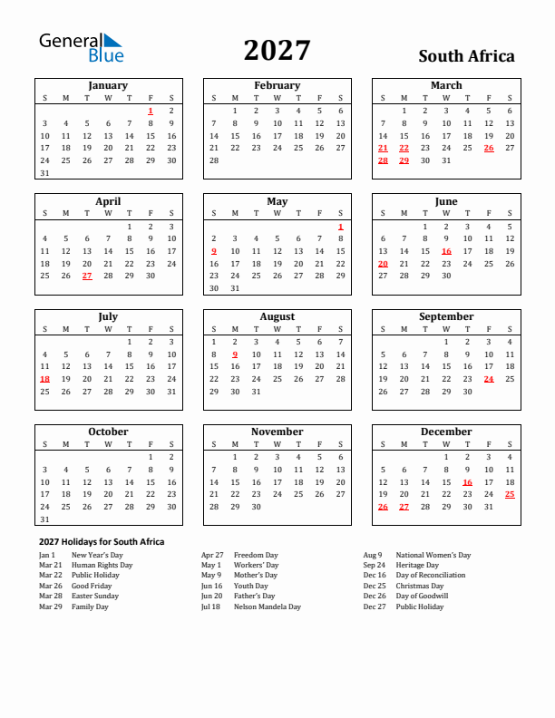 2027 South Africa Holiday Calendar - Sunday Start