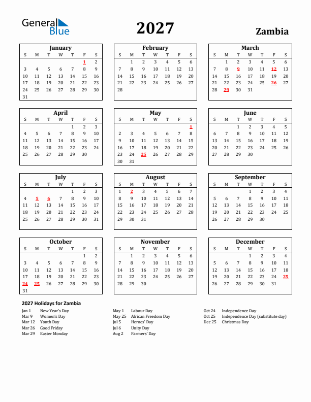 2027 Zambia Holiday Calendar - Sunday Start