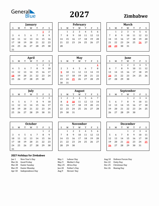 2027 Zimbabwe Holiday Calendar - Sunday Start