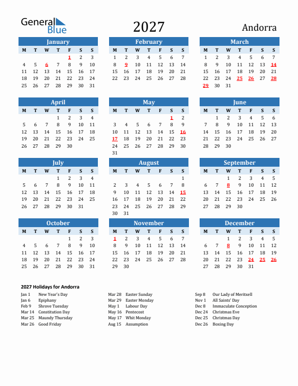 Printable Calendar 2027 with Andorra Holidays (Monday Start)