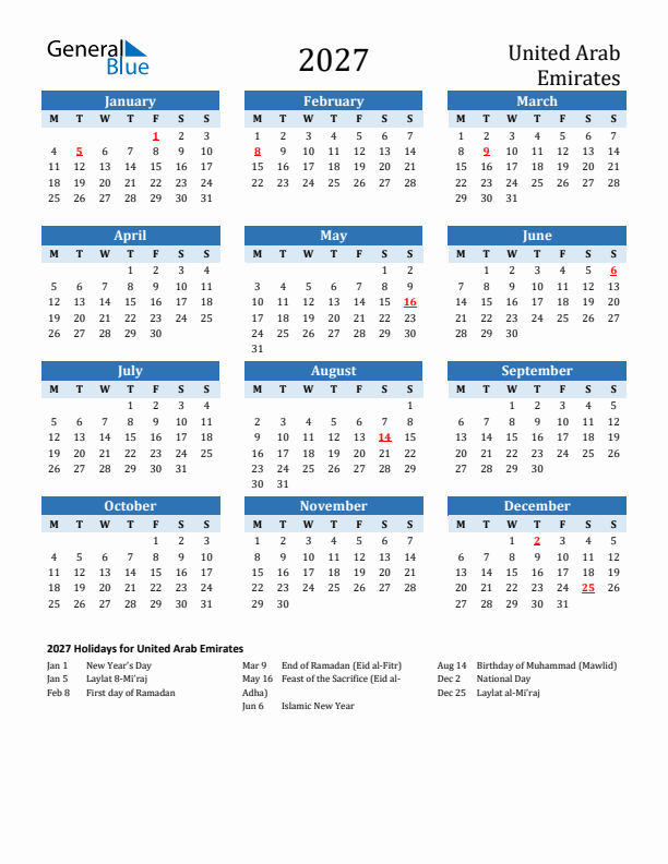 Printable Calendar 2027 with United Arab Emirates Holidays (Monday Start)