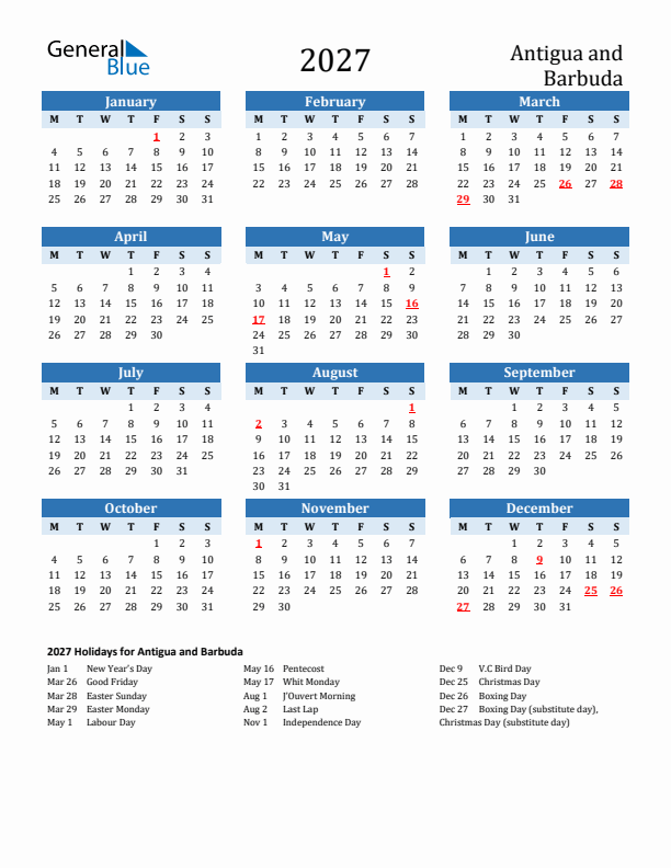 Printable Calendar 2027 with Antigua and Barbuda Holidays (Monday Start)